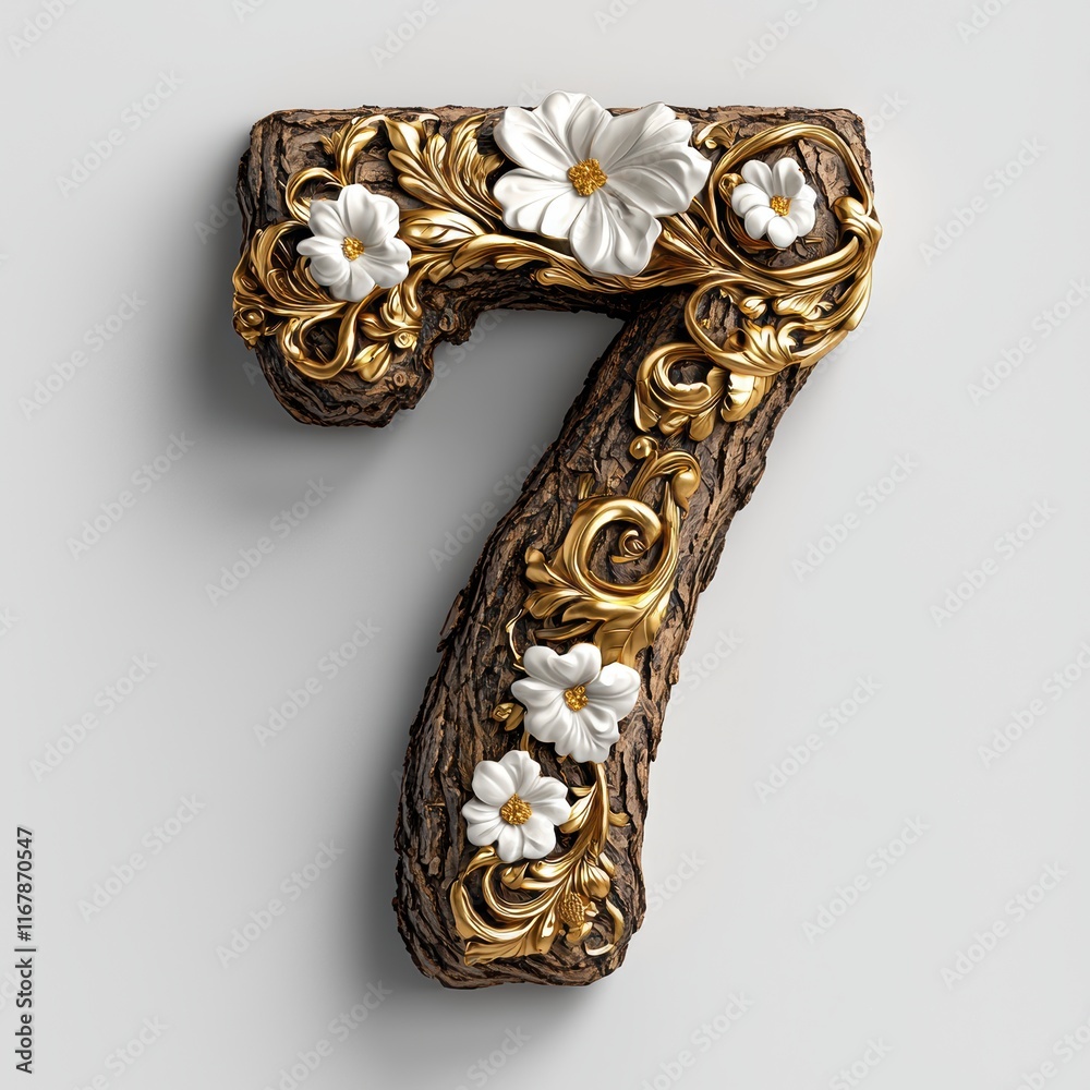 Fototapeta premium Elegant Wooden Number Seven with Gold and Floral Accents