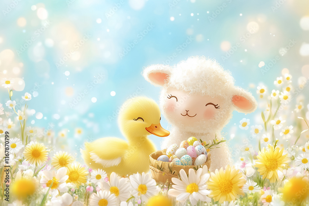 A fluffy lamb and a bright yellow duck share a basket of decorated eggs amidst a field of daisies on a sunny Easter morning A fluffy lamb and a bright yellow duck share a basket of decorated eggs amidst a field of daisies on a sunny Easter morning