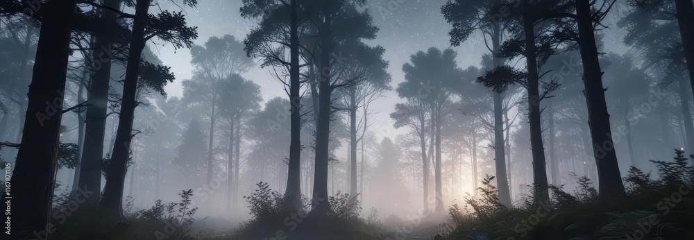 Fototapeta premium Dreamy haze envelops a mystical forest with towering trees and twinkling stars, towering trees, twinkling stars, mystic