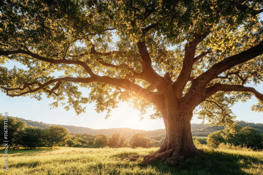 Majestic oak tree standing tall in a serene landscape under the golden glow of sunset Majestic oak tree standing tall in a serene landscape under the golden glow of sunset