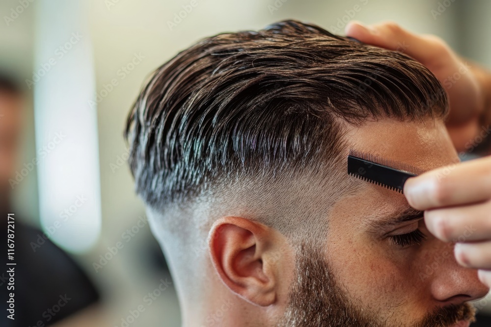 Obraz premium Expert barbering technique reshapes hairstyle with precision and style in a modern salon