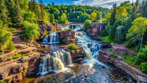 Aerial views capture Gooseberry Falls' serene river, volcanic rock formations, and lush forest.