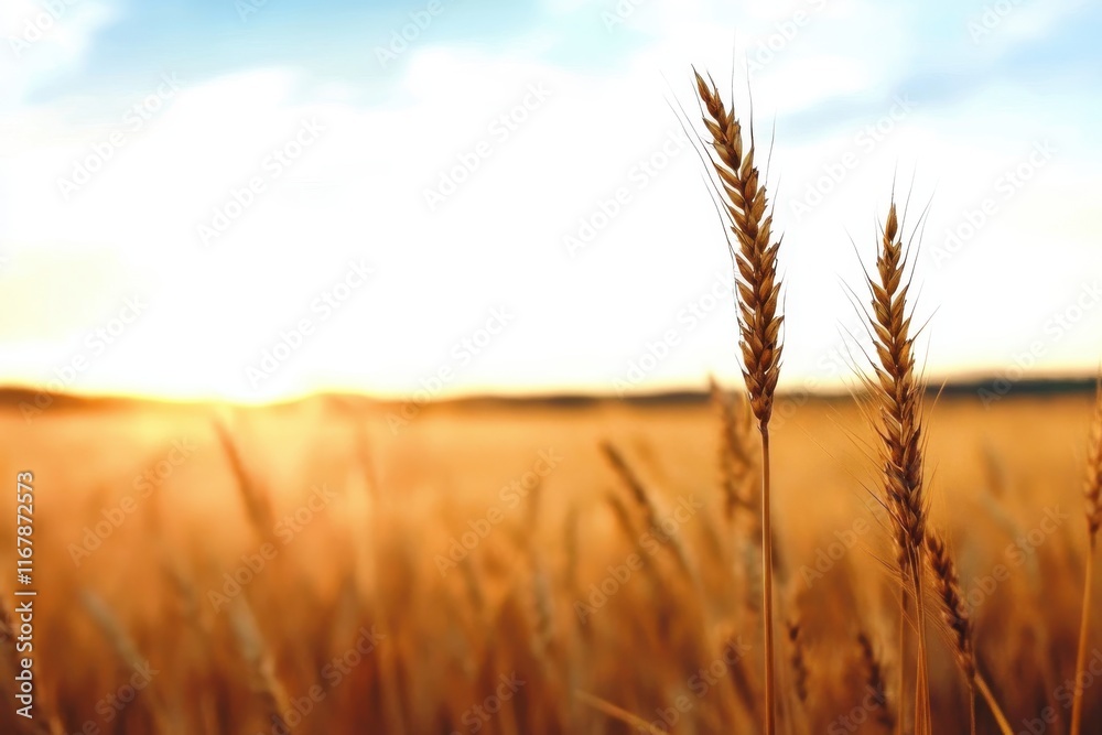 Naklejka premium Golden wheat sways gently under the warm sun as dusk approaches in a serene countryside field