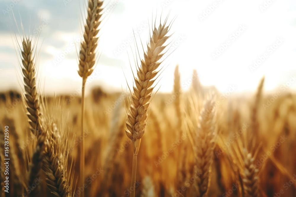 Fototapeta premium Golden wheat swaying gently under the warm glow of the setting sun in a vast field