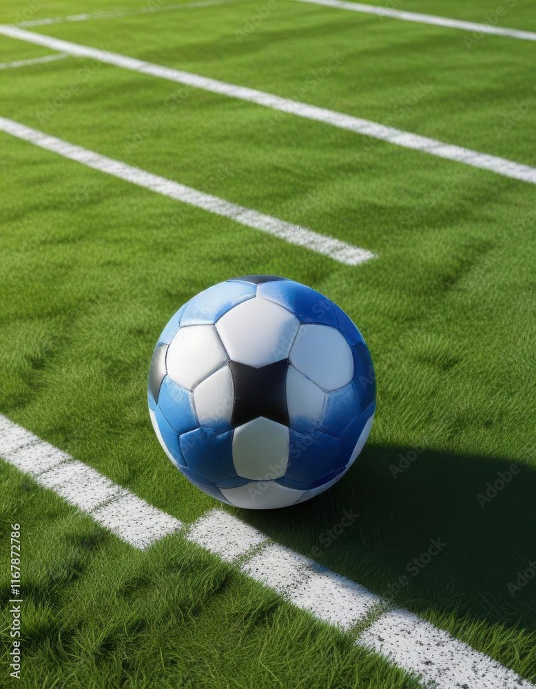 Obraz premium Football ball in blue filet with football field green background, green , football field