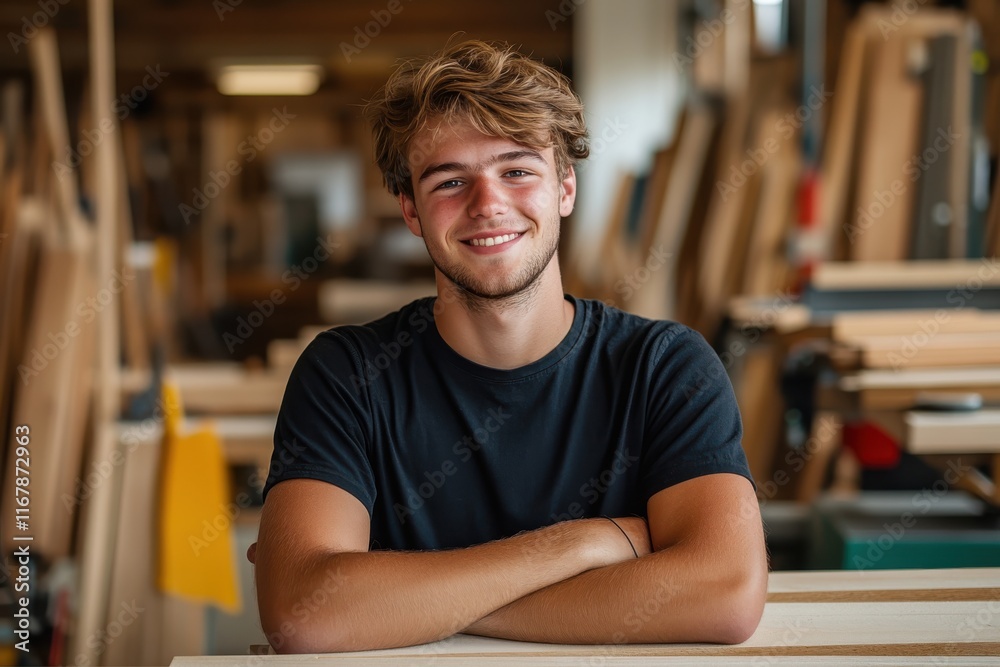 Obraz premium Young woodworker smiles confidently while surrounded by handcrafted materials in a bright workshop