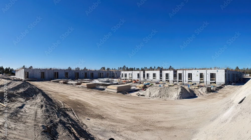 Construction site with unfinished buildings and landscape.
