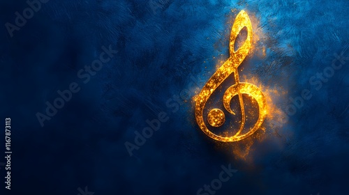 Golden G clef sparkles on a blue background photo