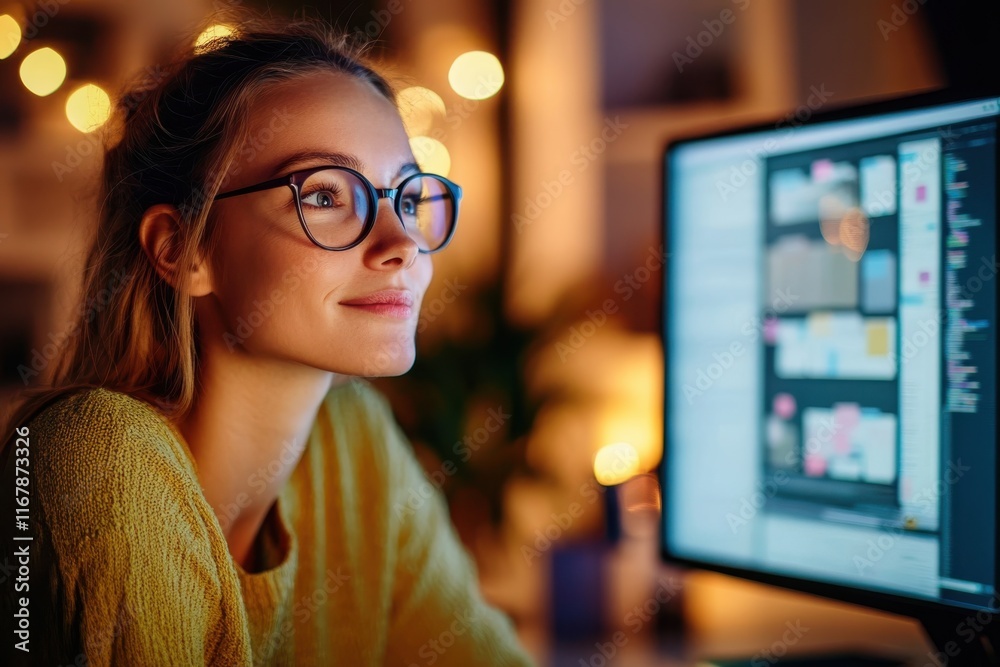Engaging in digital creativity during a cozy evening illuminated by warm lights Engaging in digital creativity during a cozy evening illuminated by warm lights