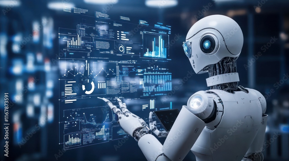 A humanoid robot interacts with a futuristic data interface displaying various analytics. A humanoid robot interacts with a futuristic data interface displaying various analytics.