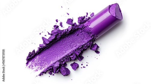 Purple cosmetic product, lipstick, or eyeshadow, smudged and broken, isolated on white background. photo