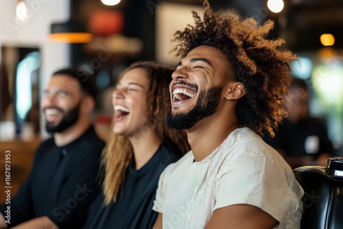 Laughter fills the air as friends enjoy a lively evening at a cozy cafe in a vibrant urban setting