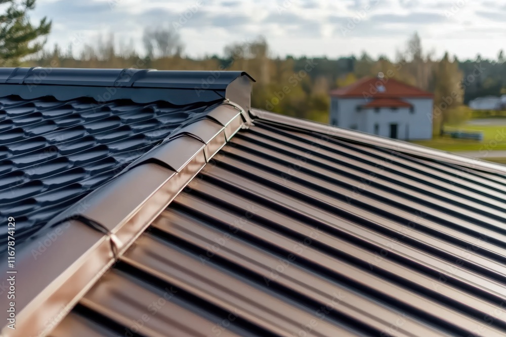 Beautifully crafted metallic roof showcasing modern design against a serene backdrop of nature and architecture Beautifully crafted metallic roof showcasing modern design against a serene backdrop of nature and architecture