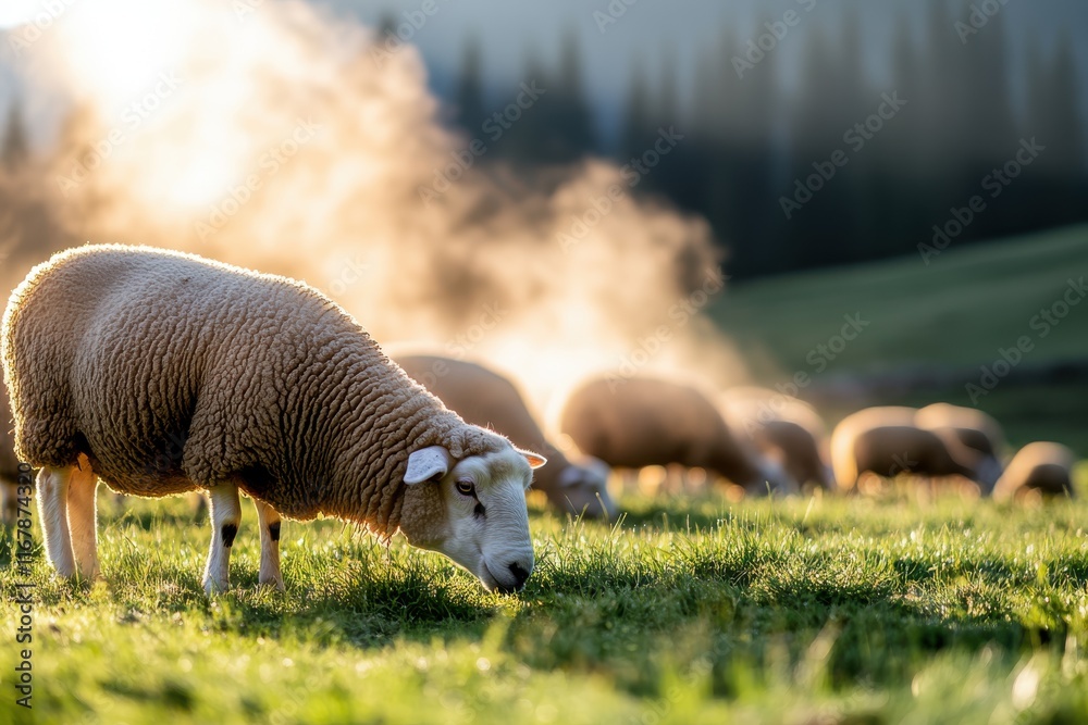 Grazing sheep enjoy a peaceful evening in a serene meadow surrounded by misty hills Grazing sheep enjoy a peaceful evening in a serene meadow surrounded by misty hills