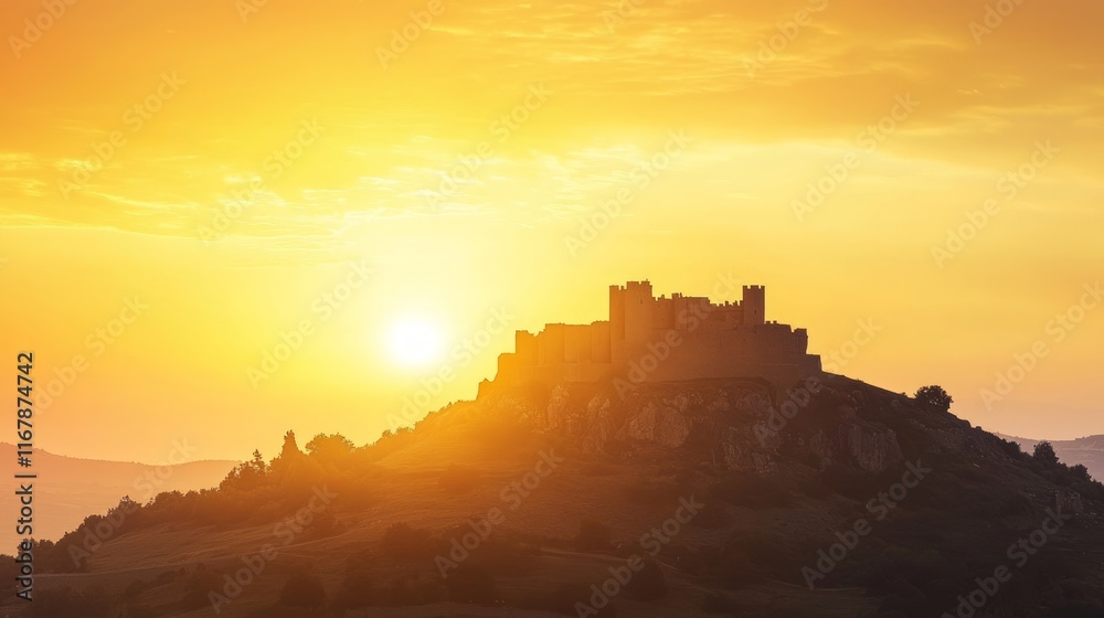 Obraz premium Mystical Sunset Silhouettes: Ancient Castle on Hilltop in Dramatic Twilight - History and Mystery Unveiled