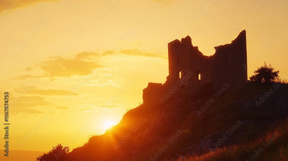 Majestic Silhouettes: Ancient Castle Perched on Hill at Sunset Majestic Silhouettes: Ancient Castle Perched on Hill at Sunset