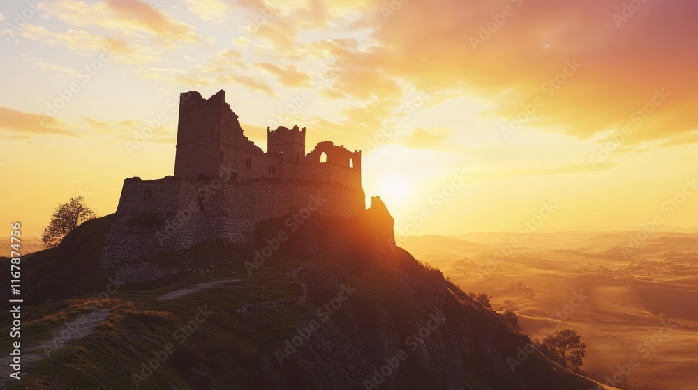 Obraz premium Mystical Sunset Silhouettes: Ancient Castle on Hilltop with History and Mystery.