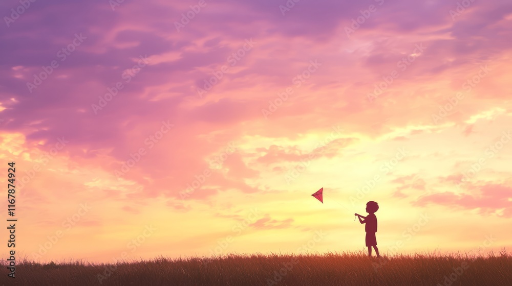 Joyful Childhood: Silhouette of Child Flying Kite at Sunset on Grassy Hill Joyful Childhood: Silhouette of Child Flying Kite at Sunset on Grassy Hill