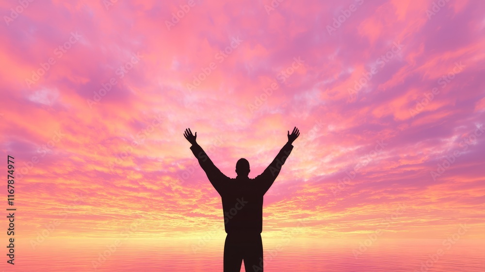 Embracing Freedom: Silhouette of Joyful Person Celebrating on Beach at Stunning Sunset Embracing Freedom: Silhouette of Joyful Person Celebrating on Beach at Stunning Sunset