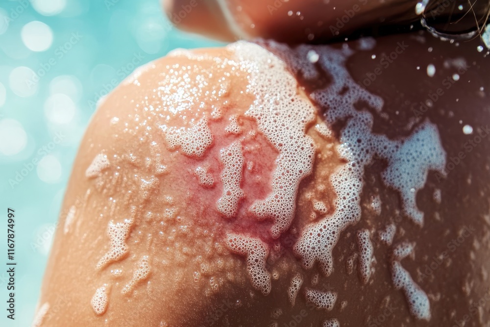 Fototapeta premium Joy of summer play captured with bubbles reflecting sunlight on a child's shoulder near a sparkling pool