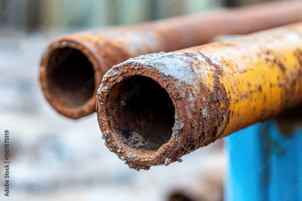 Rusted pipes tell stories of time at a construction site under a cloudy sky Rusted pipes tell stories of time at a construction site under a cloudy sky