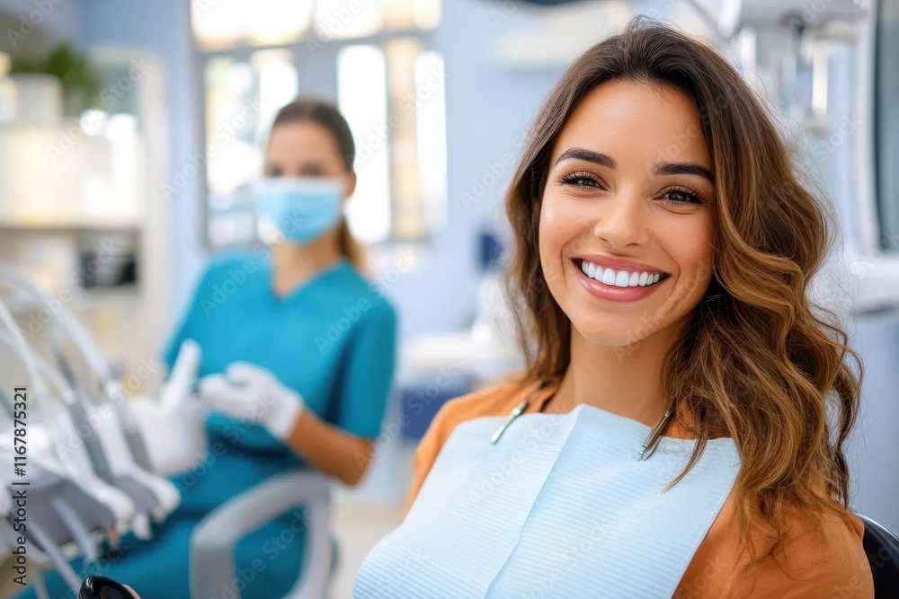 Fototapeta premium Bright and confident woman enjoying her visit at a modern dental clinic, showcasing a radiant smile and excellent dental care