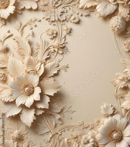 Intricate floral designs on a rich cream background, patterns, cream