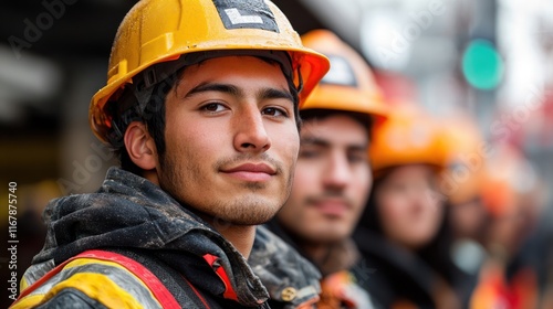 Close-up portrait of two construction workers wearing safety helmets.