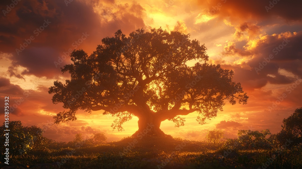 Fototapeta premium Resilience Embodied: Majestic Silhouette of an Old Tree Against Vibrant Sunset - Conceptual Image of Endurance and Strength Over Time