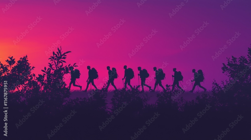 Vibrant Sunset Hiking: Silhouettes of Friends Embracing Nature and Adventure