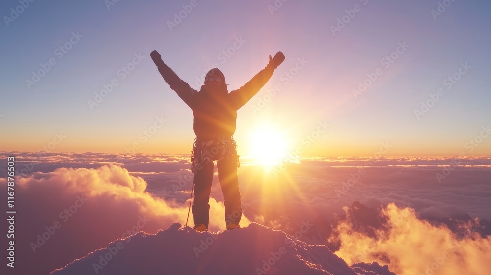 Triumph on the Summit: Silhouette of Mountain Climber at Sunset with Colorful Sky Triumph on the Summit: Silhouette of Mountain Climber at Sunset with Colorful Sky