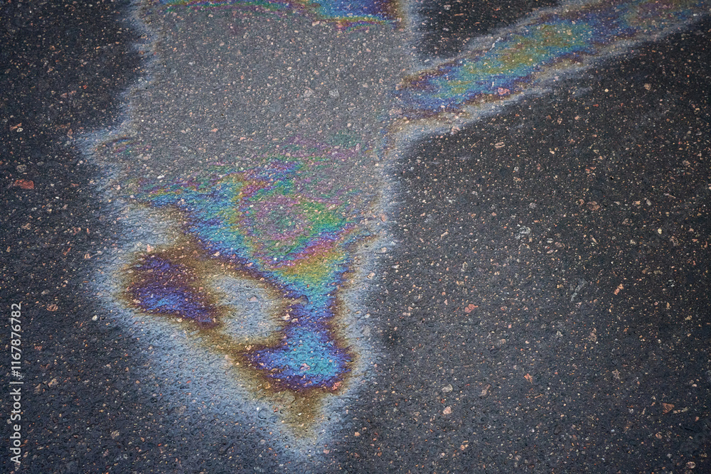 Φωτογραφία A patch of oil on a soaked roadway symbolizing the threat of pollution to nature