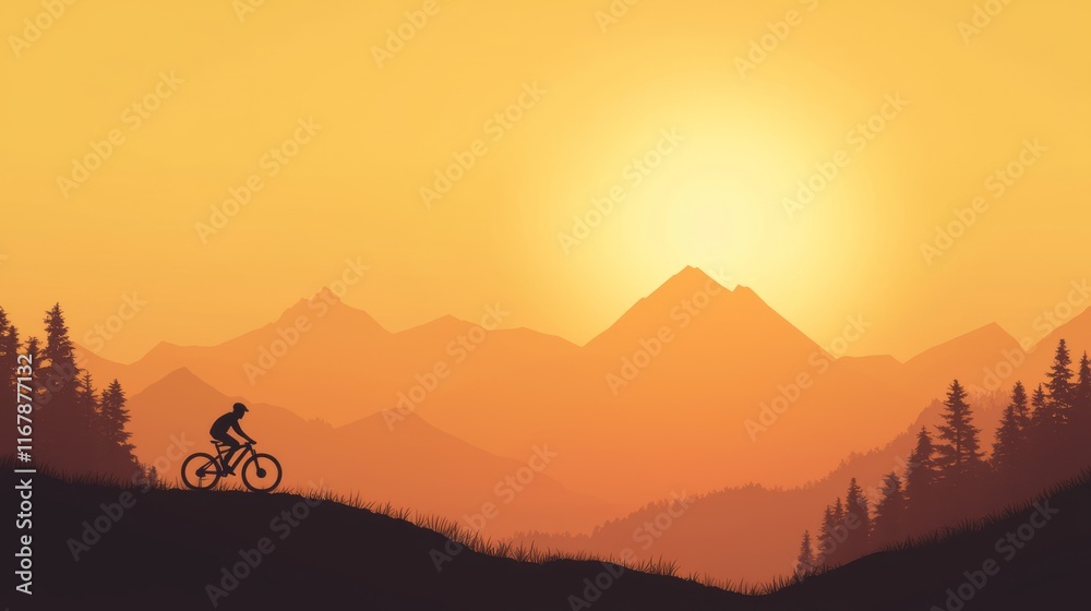 Obraz premium Thrilling Mountain Biking Adventure at Sunset: Silhouette of Rider on Trail with Majestic Peaks