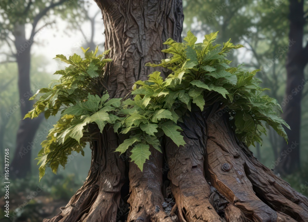 Fototapeta premium Ruffled leaves and branches on a tree trunk after a storm, distressed bark , natural destruction, nature