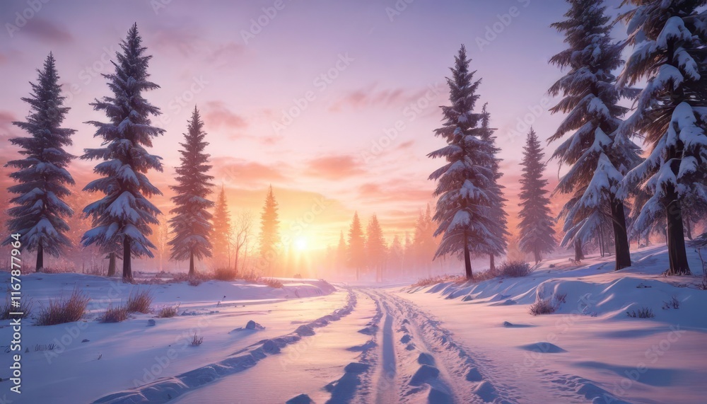 Serene winter landscape with snow covered trees and a colorful sunrise, snow, winter, sunrise Serene winter landscape with snow covered trees and a colorful sunrise, snow, winter, sunrise