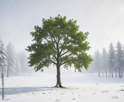 Wallpaper Mural Single tree with green leaves against a bright snowy white background,  frost,  trees, snow Torontodigital.ca