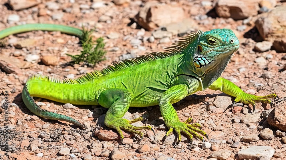 Green iguana basking on rocky ground, desert landscape. Use wildlife, nature. Green iguana basking on rocky ground, desert landscape. Use wildlife, nature.