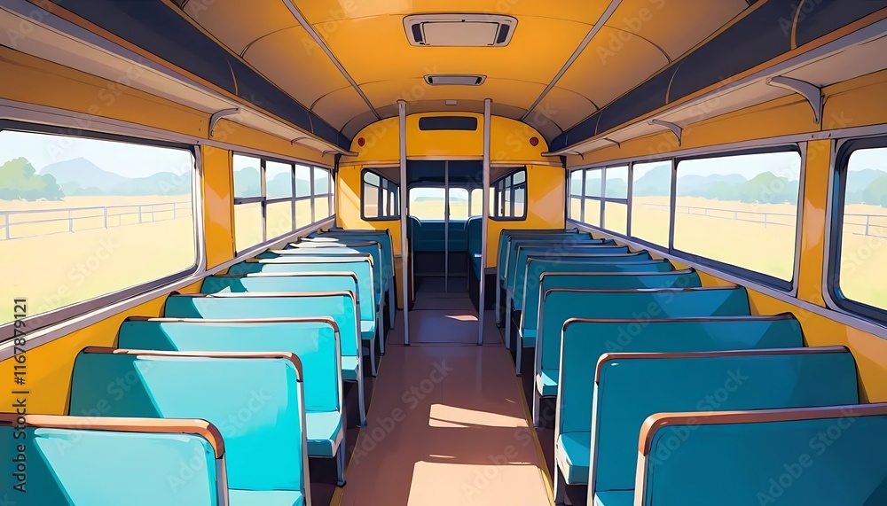 Fototapeta premium Empty School Bus: Sunlit Rural Landscape, Vibrant Cartoon Style