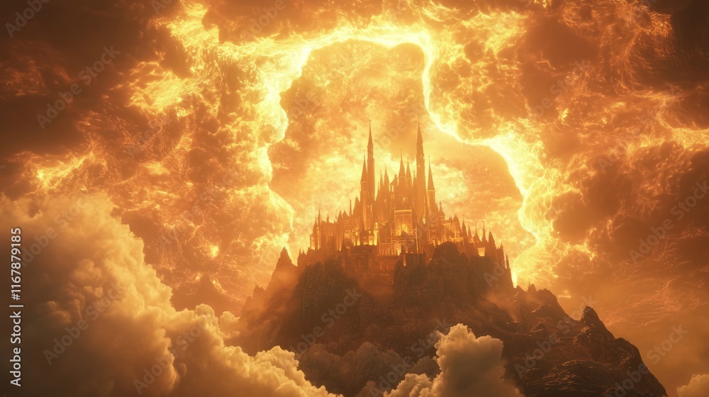 Fototapeta premium Majestic Fantasy Castle: Knights vs. Dragons in Enchanted Night Sky - 3D Render Digital Artwork