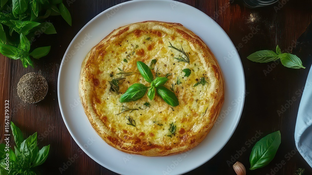 Top view of a delicious calzone pizza with fresh basil and spices on a white plate Top view of a delicious calzone pizza with fresh basil and spices on a white plate