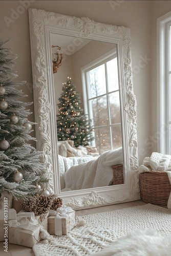 White bedroom with a Christmas tree reflected in the mirror light beige background Christmasthemed photorealistic photography large fulllength mirror with a white fr photo