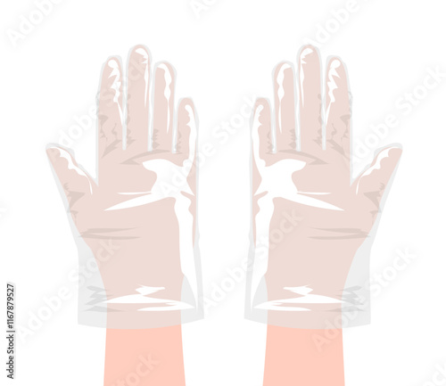 Poly, CPE, TPE Gloves protective hand accessory transparent cartoon clothing technical illustration garment. Vector front palm back view for Men, women, unisex style flat template on white background