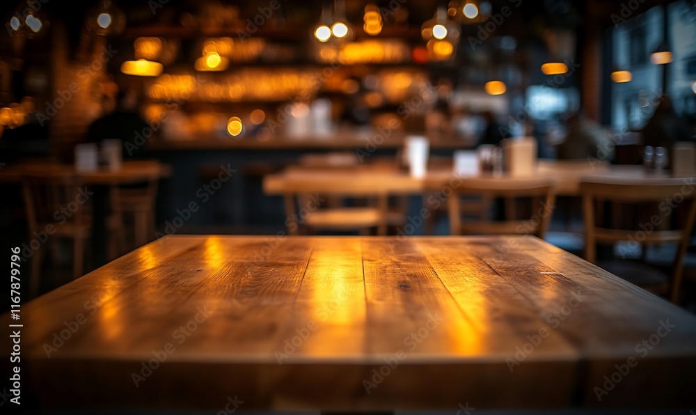 Empty wooden table in a cozy pub Empty wooden table in a cozy pub