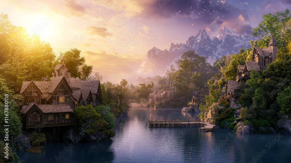 Fototapeta premium Enchanted Sunrise in a Magical Village - A Wondrous 3D Render of Fantasy Creatures at Dawn