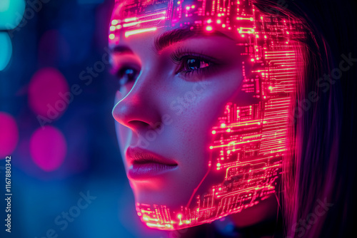 Futuristic woman with glowing cybernetic LED circuit face in red neon light.