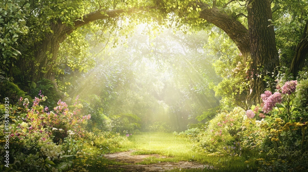 Obraz premium Enchanted Forest Glade: Druid Communing with Nature in Sunlight | 3D Render Ultra-Detailed Digital Artwork