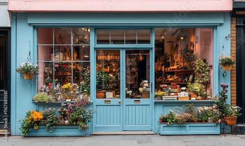 Flower shop storefront, city street, floral displays, pastel colors, UK