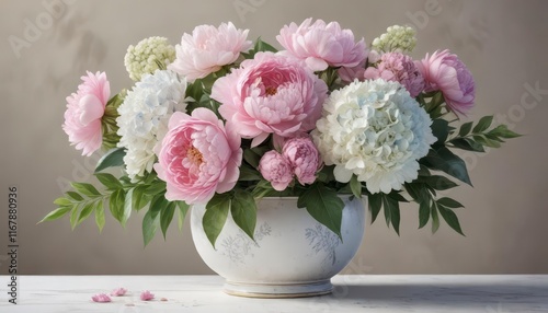 Wallpaper Mural Watercolor illustration of a blooming flower arrangement featuring peonies and hydrangeas in a elegant vase ,  bouquet,  garden flowers,  hydrangeas Torontodigital.ca