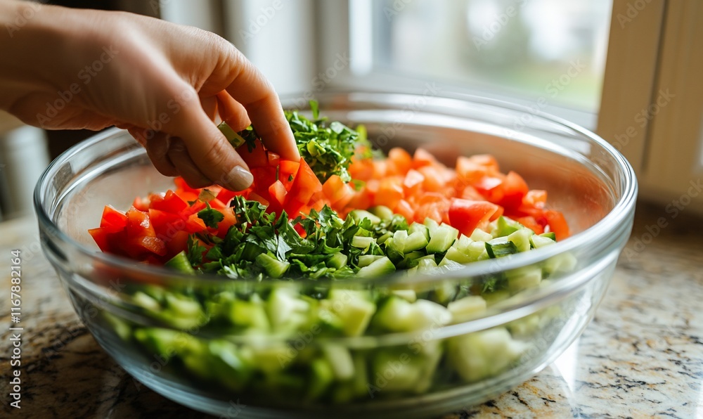 Woman preparing salad, kitchen, sunlight Woman preparing salad, kitchen, sunlight