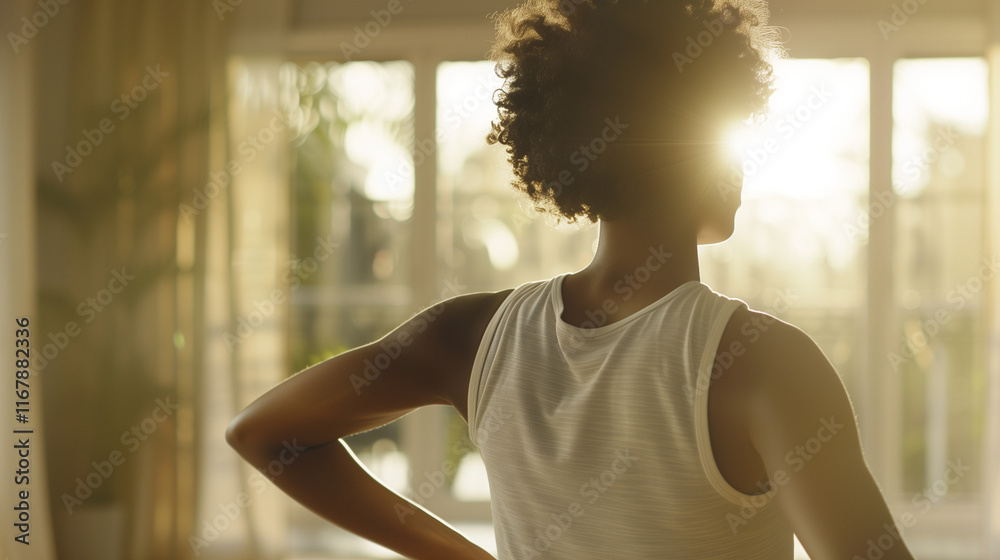 Person stretching shoulders in a relaxed pose, symbolizing the importance of self-care and mental well-being in daily life.